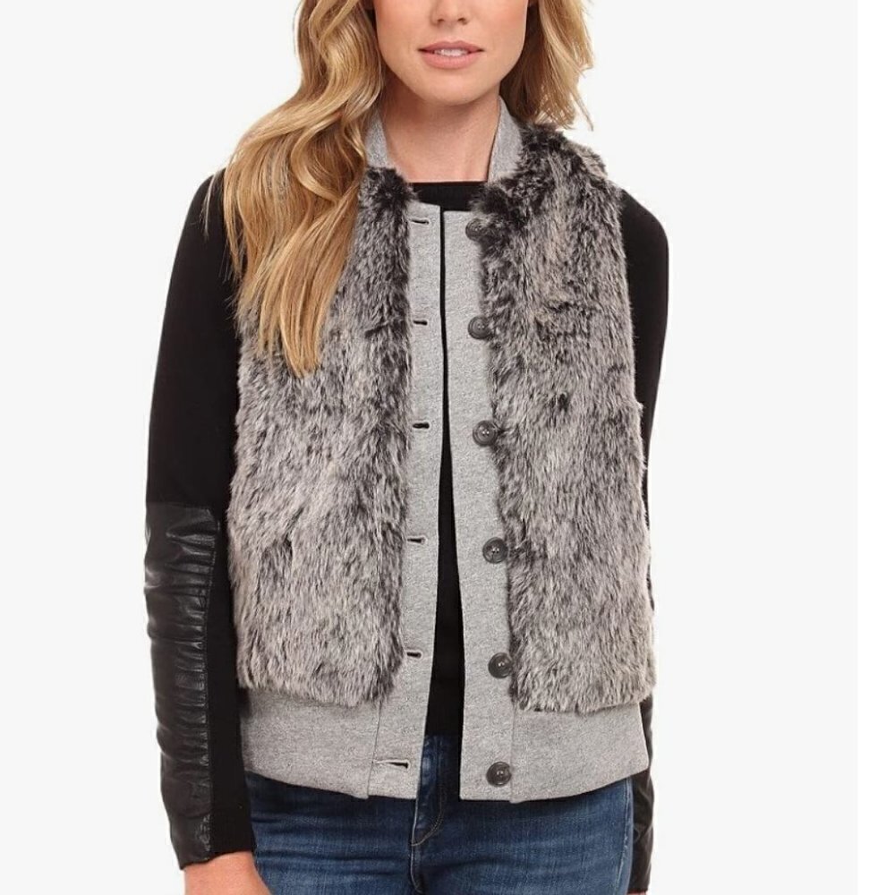 Three Dots Women's Size Small Faux Fur Vest Gray Sleeveless Button Down JV7197